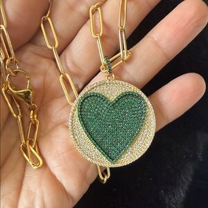 14K Gold-Plated Disc Necklace with Green Heart Pavé Pendant